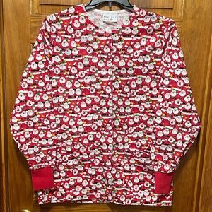 Peaches Uniforms LS Button Scrub Jacket Festive Santa - Red